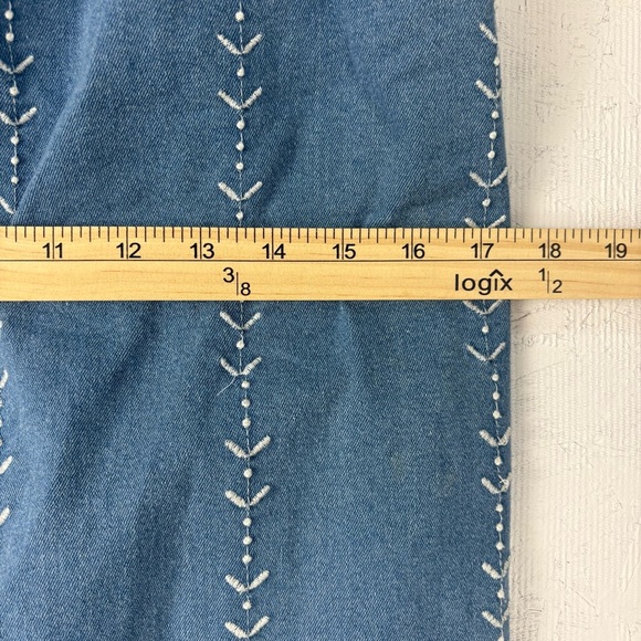 Polagram Blue Embroidered Denim Midi Skirt Elastic Tie Waist 28in VTG 90s look - Picture 9 of 10